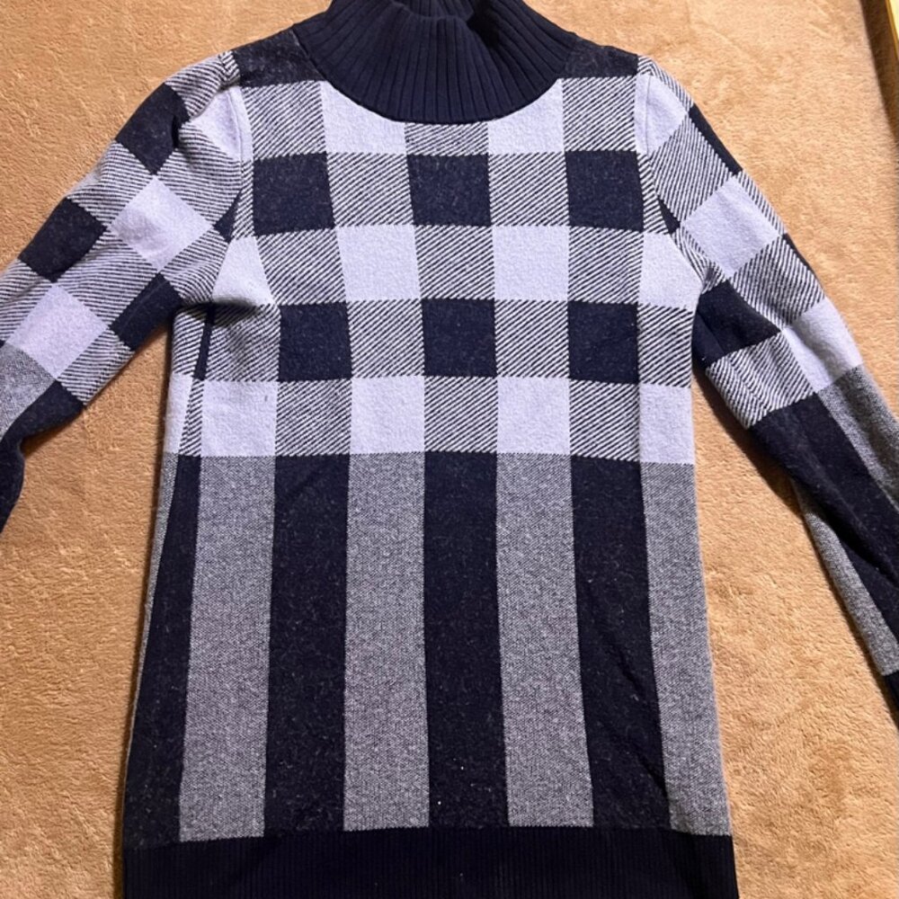 Ann Taylor Women Medium‎ Navy Plaid Tartan Cotton Knit Mock Neck Sweater Dress